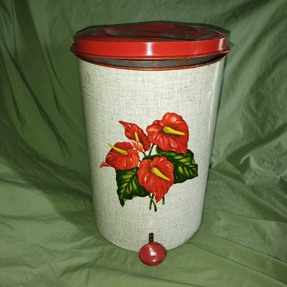 MCM Anthuriums Red Flower Vintage Garbage Can Mid Century